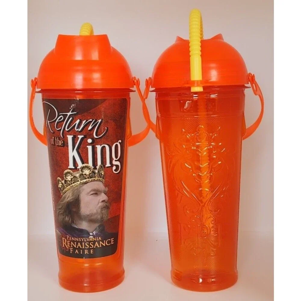 PA Renaissance Faire 2015 Souvenir Cup 2pc Set Pair Embossed Logo Plastic Orange